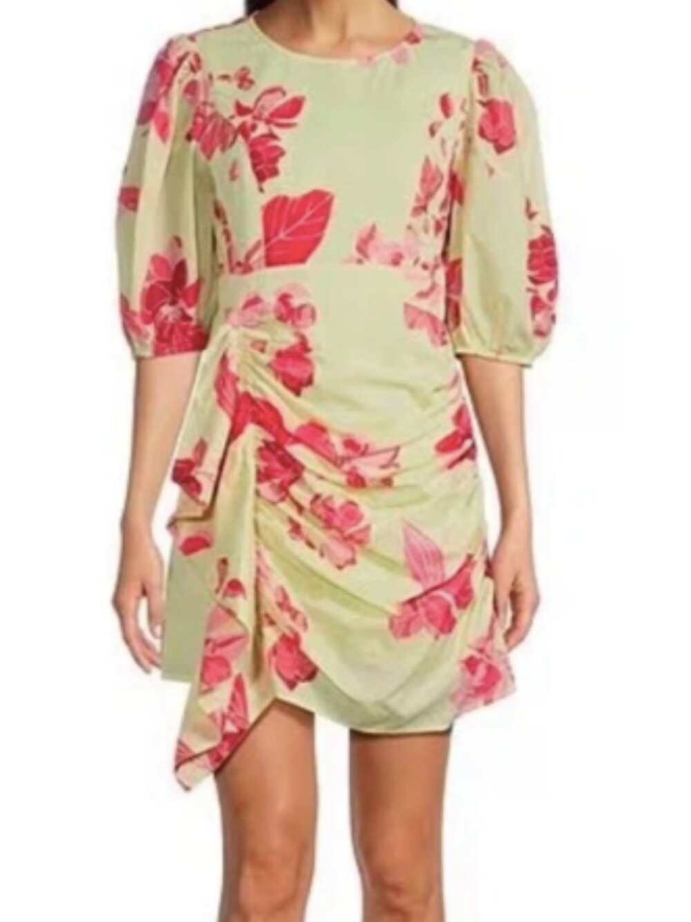 J.Marie Alara Floral Print 3/4 Puff Sleeve Ruched Faux Wrap Dress
